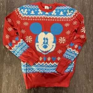 Disney Mickey Mouse Ugly Christmas Sweater Men's Size Small Red Blue Snowflake